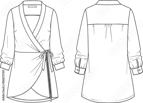 Fashion Technical Sketch of a Women's Long Sleeve Wrap Blouse Featuring a Shawl Collar Tie Waist and Side Zipper Detail.
