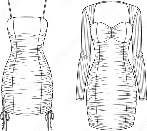 Fashion technical sketch of mini bodycon ruched dresses featuring spaghetti straps and long sleeves with ribbed bolero shrug for women