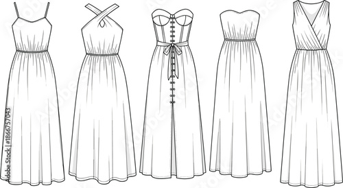 Fashion Technical Sketches of Women Maxi Summer Dresses with Various Necklines Including Halter Corset Strapless and V-Neckline Styles for Design