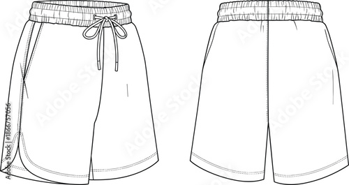 Flat fashion technical sketch of men's athletic shorts with elastic waistband drawstring and side pockets for apparel design tech pack.