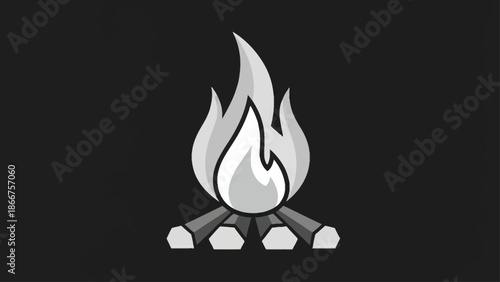 Simple grayscale illustration of a campfire with burning flames and wooden logs.