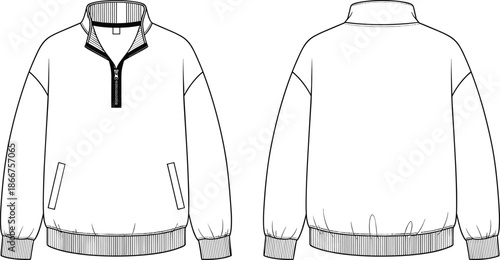 Front and back view of a blank oversized quarter zip sweatshirt technical fashion sketch template for apparel design and mockups
