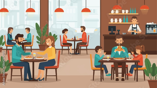 People enjoying meals together in a bright modern cafe interior.