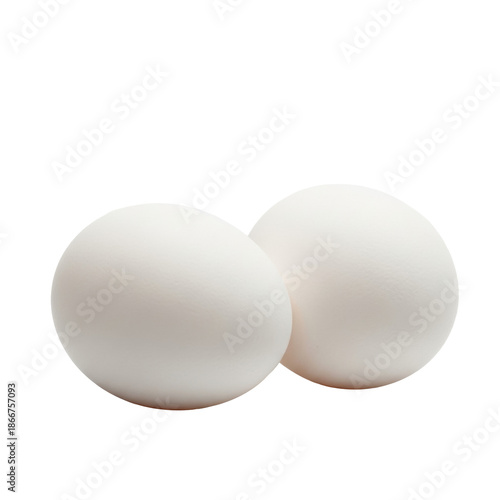 Two pristine, perfectly oval white chicken eggs resting side-by-side on a seamless transparent background, close-up macro, soft studio lighting, wholesome natural food concept