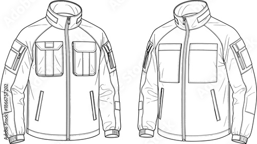 Tactical Military Jacket Technical Sketch with Multiple Utility Pockets and Functional Details for Outdoor Apparel Design and Vector Illustration Work