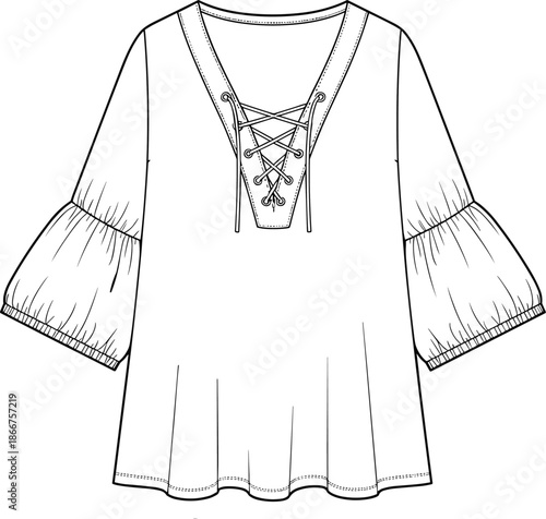 Technical fashion flat sketch of a women's boho lace-up V-neck tunic blouse with voluminous tiered bell sleeves and flared hemline.