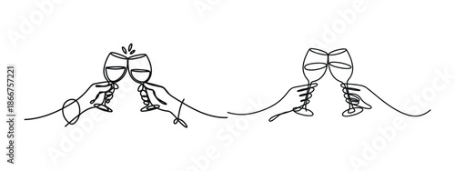 Minimalist continuous line art hands toasting with wine glasses celebrating happy moments together