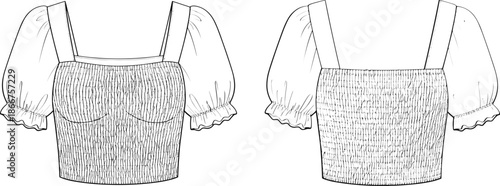 Technical Fashion Flat Sketch of a Women's Smocked Bodice Crop Top Featuring Puff Sleeves Square Neckline and Ruffle Hem Details