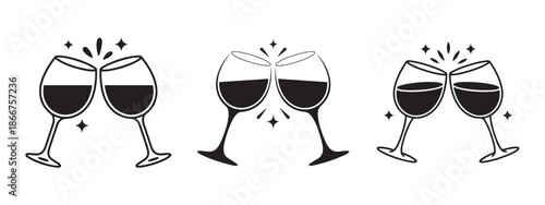 Three sets of filled wine glasses toasting with sparkles for happy celebration moments