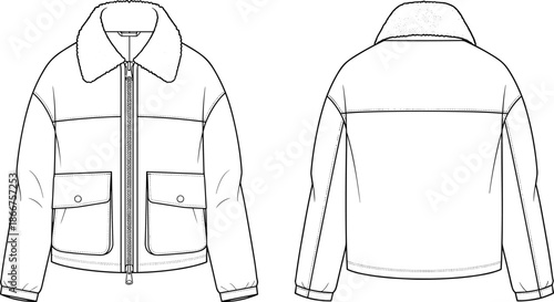 Technical Fashion Flat Sketch of Unisex Shearling Collar Bomber Jacket with Cargo Pockets Front and Back View for Design Tech Pack