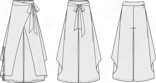 Technical fashion sketch of women wide leg wrap pants with tie waist detail front side back view isolated on white.