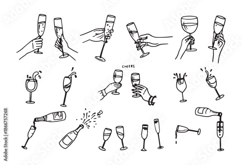 Doodle style collection of hands holding wine champagne glasses pouring opening bottles