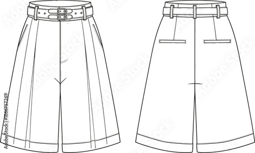 Technical fashion sketch of high waisted wide leg pleated shorts with double buckle belt detail seen from front and back