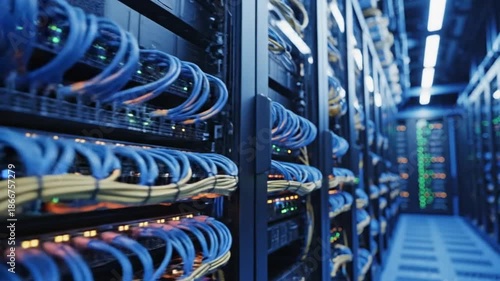 A video showcasing rows of computer servers in a modern data center with green lights and cables