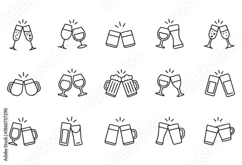 Cheers icon set with different types of glasses mugs and beer pints for celebration designs