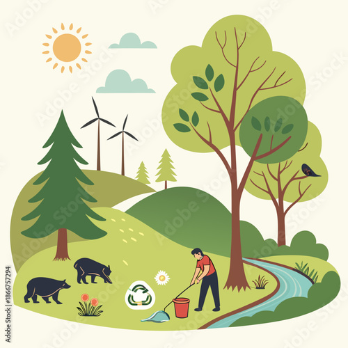 Person cleaning nature with wildlife and renewable energy