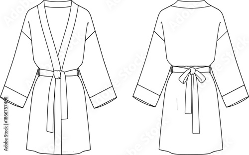 Vector Technical Flat Sketch of Women's Short Kimono Robe with Dropped Shoulders Wide Sleeves and Waist Tie Belt Fashion Illustration