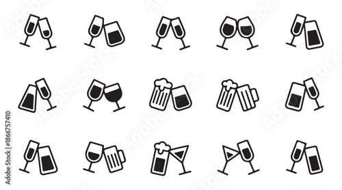 Different types of drink glasses clinking together in various celebration toast icons set