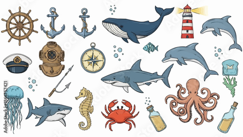 Collection of marine life and nautical objects illustration.