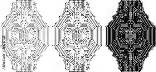 Artificial intelligence circuit brain design set, futuristic neural network motherboard pattern, digital technology concept, cyber brain vector illustration, black white style