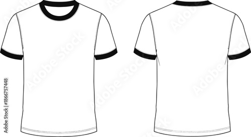 White Ringer T-Shirt Vector Template Front and Back View with Black Ribbed Crew Neck and Sleeve Cuffs for Apparel Mockup.