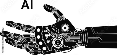 Artificial intelligence robotic hand illustration, advanced bionic technology concept, mechanical AI arm details, futuristic automation design, black white vector graphic