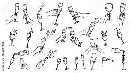 Collection of hands holding various drink glasses with splash effects in doodle line art