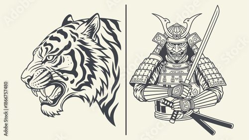 Tigers fierce gaze and Samurais stoic stance in detailed monochrome artwork.