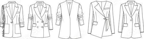 Women Blazer Fashion Flat Sketches Set Collection Including Double Breasted Ruched Sleeve Wrap Belted and Single Button Professional Suit Jacket Templates