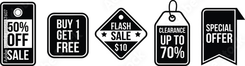 Black and white retail sale label icons set featuring discount tags flash sale clearance offers and special promotion badges
