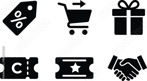Black solid ecommerce promotion icons set featuring discount tag shopping cart gift coupon ticket and deal handshake symbols for retail marketing