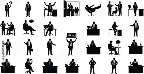 Business people silhouette icons set illustrating office work leadership communication sales presentation negotiation and corporate professional activities in modern flat design