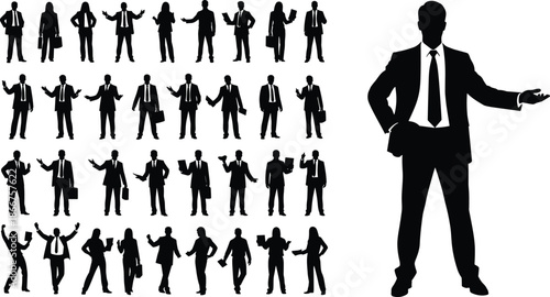 Business people silhouette set showing various professional poses gestures and presentations isolated on white background vector illustration corporate teamwork design elements