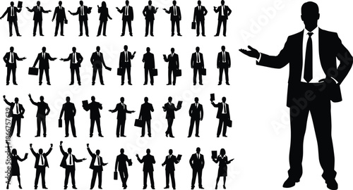 Business people silhouettes collection showing multiple professional poses gestures and presentations isolated on white background corporate vector illustration set