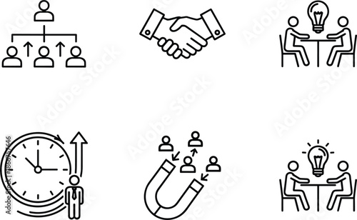 Business management line icons showing leadership teamwork partnership brainstorming time efficiency hierarchy and customer attraction isolated on white background vector