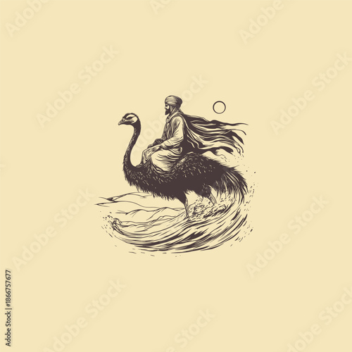 Minimalist vintage illustration of a desert nomad in traditional robes and turban riding a large ostrich across stylized sand dunes.
