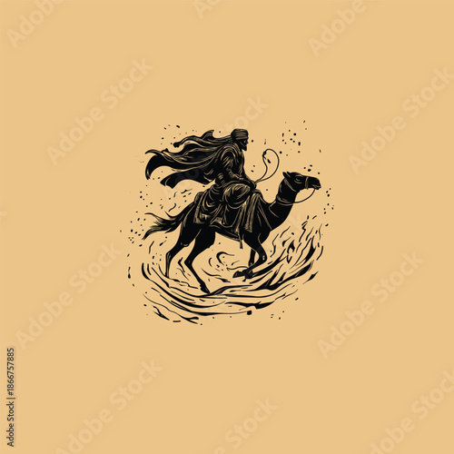 Powerful vintage hand-drawn engraving of a desert nomad with a flowing cape riding a camel at high speed through a swirling sandstorm.
