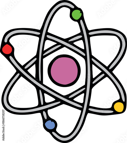 symbol a creative doodle of an atom with colorful electrons and nucleus, representing science, physics, and nuclear energy