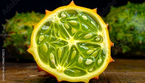 Sliced open, the bright fruit reveals a juicy, green interior with seeds