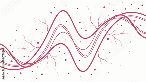 Red waveform lines and particles graphic design Isolated background