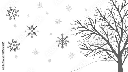 Snow falling on bare tree Isolated background