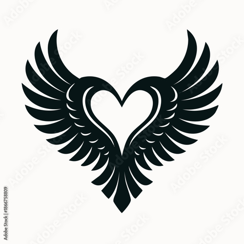 Elegant black silhouette of a heart formed by symmetrical bird wings in a tribal tattoo style.