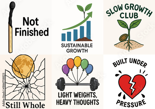 A comprehensive collection of 6 metaphorical and conceptual vector icons featuring themes of sustainable business growth, mental health resilience, personal endurance, and mindful progress.