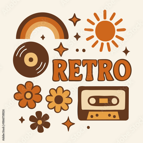 Collection of vintage 1970s style elements including a rainbow, vinyl record, cassette tape, flowers, and sun with the word 