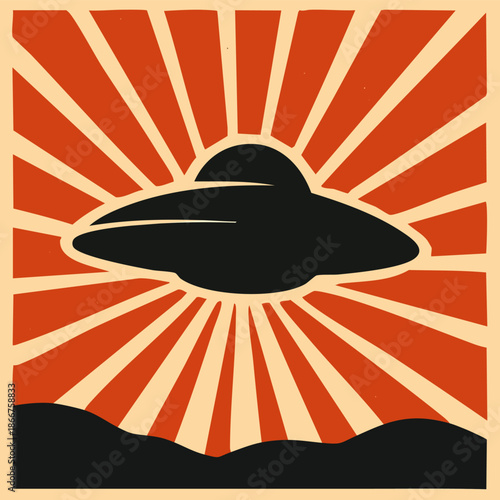 Retro science fiction illustration of a black UFO silhouette flying against a vibrant red and orange sunburst background.
