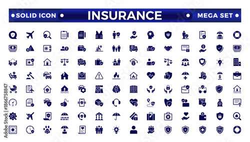 Insurance solid icon collection. Related to healthcare, medical, life, car, home, and travel insurance icons.