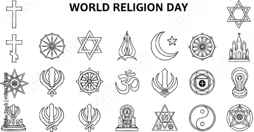 World Religion Day Black  White Line Art Icons Set. Collection of Religious Symbols, Spiritual Emblems, and Sacred Signs Representing Diverse Faiths and Interfaith Unity. Outline Glyphs.