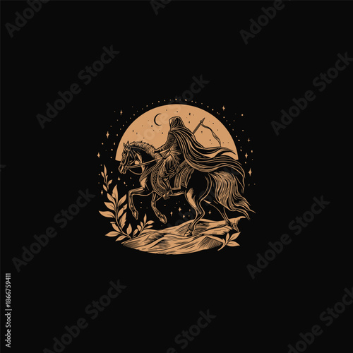 Majestic vintage engraving of a desert warrior in flowing robes riding a horse at night, set against a large full moon and a starry sky.