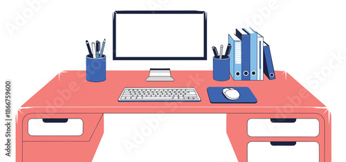 Illustration of organized office desk with computer, keyboard, mouse pad, pen holders, and folders in red and blue color scheme
