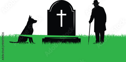 Silhouette of elderly person with cane and dog at grave with cross, symbolizing loyalty, mourning, and remembrance.